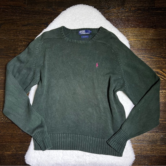 Vintage Polo Ralph Lauren Forest Green Cotton Knit Crewneck Sweater - Picture 1 of 7